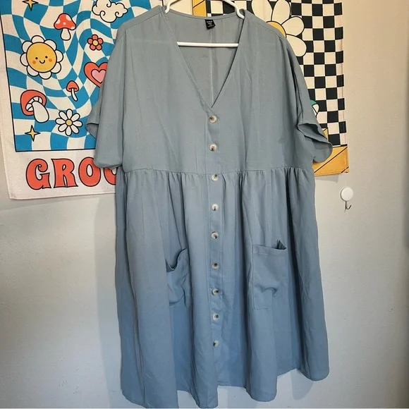 Dresses | Flowy Blue Button Up Dress With Pockets | Poshmark